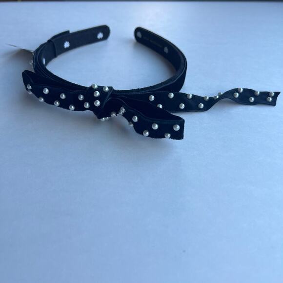 Lele Sadoughi Black Velvet Pearl Ribbon Gold Logo Headband NWT - Picture 3 of 11